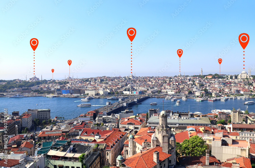 Poster network connection concept. aerial view on istanbul with red location pin. global positioning system