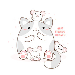 Best friends forever. Square card with cute animals - funny fat cat and mouses. Can be used for design of t-shirt, poster, print, card