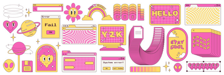 Big sticker set in trendy y2k style. Old computer aestethic. Retro pc elements, user interface. Nostalgia for 1990s -2000s. Vector illustrations.