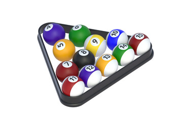 Naklejka premium Billiard balls in plastic triangle isolated on white background. Game for leisure. Sports equipment. 3d render