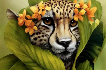 Nahaufnahmeportrait des Leoparden in den tropischen Blumen und in den Blättern. Malerisches Porträt von Cheetah. Digitale Illustration © Viks_jin