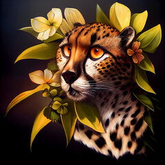 Nahaufnahmeportrait des Leoparden in den tropischen Blumen und in den Blättern. Malerisches Porträt von Cheetah. Digitale Illustration © Viks_jin