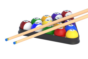 Set of billiard balls in plastic triangle near cues isolated on white background. 3d render