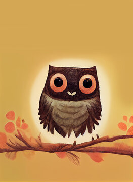 Cute Little Owl Illustration for Kids Children Book in Watercolor Painting Art Cartoon Character
