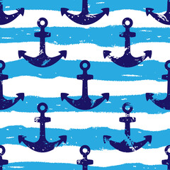 Blue ship anchors and horizontal stripes isolated on white background. Cute marine seamless pattern. Vector simple flat graphic hand drawn illustration. Texture. © far700