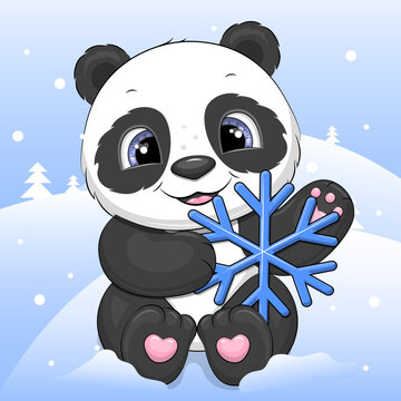 Cute cartoon panda holding a snowflake. Winter vector illustration of  animals on a blue background with snow. Stock Vector | Adobe Stock
