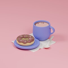 3d cup of coffee with donut on the plate. 3d render illustration.