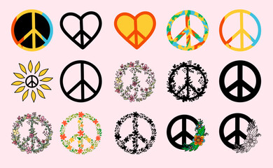 Pacificus hippie peace sign set, heart-shaped and circle-shaped, contour and silhouette, with flowers, leaves of different colors collection of hand-drawn,doodle-style bright colorful set