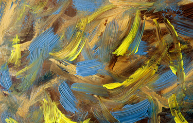 abstract painting with acryl in yellow blue and brown colors, artistic background, artistic...