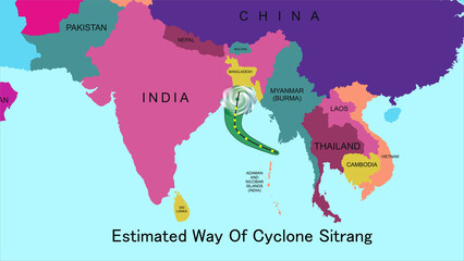 Naklejka premium estimated way of cyclone Sitrang. A strong cyclone coming to West Bengal and Bangladesh.