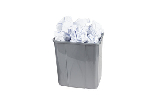gray trash can full of crumpled paper isolate, no background
