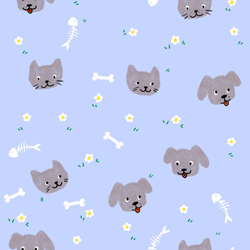 Puppies and kittens pattern, cute illustration with blue background