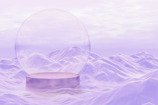 Abstact 3d render winter scene and Natural podium background, podium with empty crystal ball on ice snow mountain and violet sky for product display advertising or etc