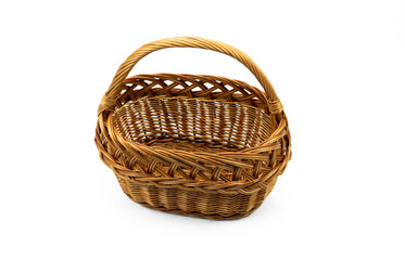 Single empty brown wicker basket with handle isolated on white background, top view. Detail basketry handcraft, traditional rough texture. Be use carry the food to picnic. studio shooting