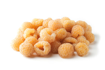 Fresh ripe yellow raspberries on a white background. Yellow raspberries, Berry harvest, Ripe delicious raspberries for desserts. Isolated yellow raspberry for design work.