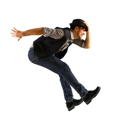 Man with black hat dancing on white background - 540784128