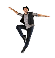 Man with black hat dancing on white background © Andrey Burmakin