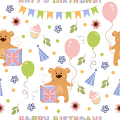 Seamless pattern childish happy birthday with bear and gifts