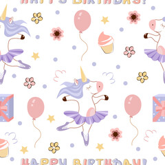 Seamless pattern children's happy birthday with a dancing unicorn