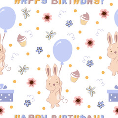 Seamless pattern children's happy birthday with balloon bunny.