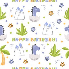 Seamless pattern children's happy birthday with dragons and dinosaurs.