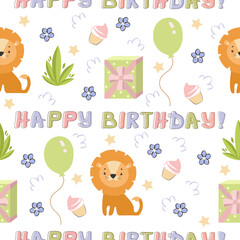 Seamless pattern children's happy birthday with lion and gifts