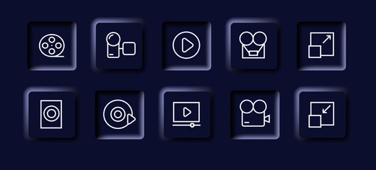 Video icons set. Camera, lens, film, projector, disk, start, broadcast. Video concept. Neomorphism style. Vector line icon for business