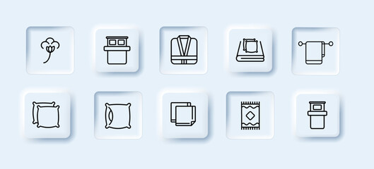 Hotel icons set. Cotton, blanket, towel, hygiene, dressing gown, washstand, napkin. Hotel concept. Neomorphism style. Vector line icon for business