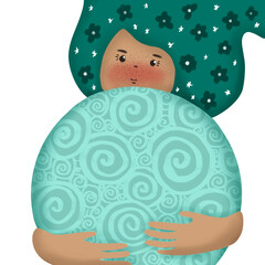 a girl with long hair holds a planet in her hands. Paper art