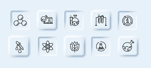Chemistry laboratory line icons set. Chemical formula microscope and medical analysis. Laboratory flask reaction tube chemistry laboratory icons. Neomorphism style. Vector line icon for business.