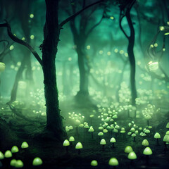 Glowing mushrooms. Magical shimmering mushrooms in a mysterious forest