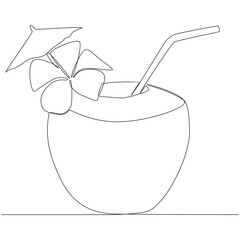 Coconut With Flower Decoration and Small Umbrella Continuous Line Drawing Vector Illustration