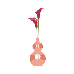 Pink flower in glass vase or bottle, interior design element. Vector spring or summer flower in striped jug, natural elegant bud in pitcher pot