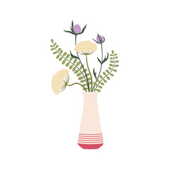 Spring flower in vase, cartoon floral bouquet interior decoration. Vector summer field flowers in scandinavian vase, green fern leaves in colorful jug
