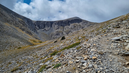 Trekking on mystical hiking trail leading to Mount Olympus (Mytikas, Skala, Stefani) in Mt Olympus...