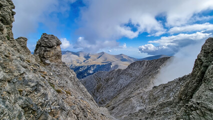Trekking on mystical hiking trail leading to Mount Olympus (Mytikas, Skala, Stefani) in Mt Olympus...