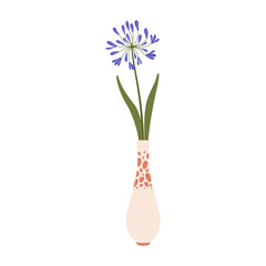 Purple flower in scandinavian vase, interior decoration element. Vector fresh floral bouquet, cartoon blossom. Ceramic jug with elegant flower