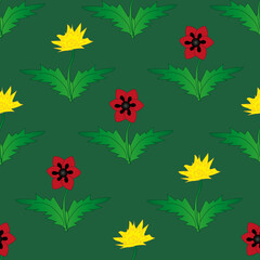 Poppy flowers and dandelion seamless pattern on green background. Floral print for wallpaper and bed linen. Nature backdrop.