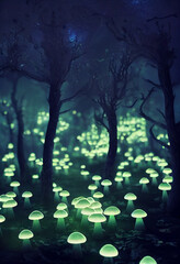 Glowing mushrooms. Magical shimmering mushrooms in a mysterious forest