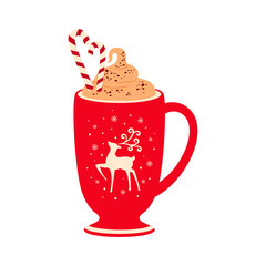 Christmas chocolate or eggnog drink with whipped cream, cup with holy dear print. Vector mug of winter holiday hot beverage, cocoa, egg nog cocktail