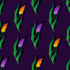 Seamless pattern with hyacinth flowers on a purple background. 3d floral background. Muscari.