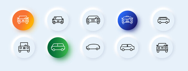 Car icons set. Washing, repair, delivery, earnings, bus. Car concept. Neomorphism style. Vector line icon for business