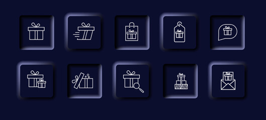 Gift icons set. Gift wrapping, delivery, thought, search, gift envelope. Gift concept. Neomorphism style. Vector line icon for business