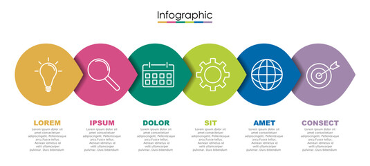 Vector infographic template with six steps or options. Illustration presentation with line elements icons.  Business concept design can be used for web, brochure, diagram, chart or banner layout.