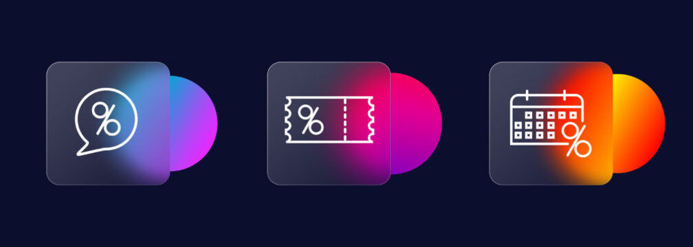 Discount icon set. Discount coupon, black friday, sale. Discount concept. Glassmorphism style. Vector line icon for business