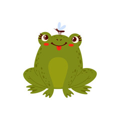 Cute cartoon animal green funny frog with insect bug on nose, vector amphibian toad. Funny isolated animal face muzzle, kawaii portrait baby frog