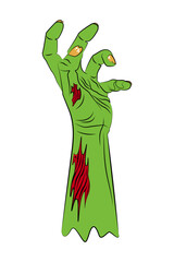 Green zombie hand with twisted fingers and torn skin, halloween vector illustration isolated on white background