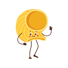 Lumaconi giganti, lumache snail shell pasta cartoon character. Vector Italian cuisine food, cute macaroni personage emoji emoticon