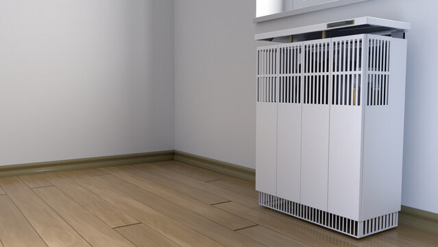 Natural gas convector heater in a room. Old gas heating system. 3D illustration.