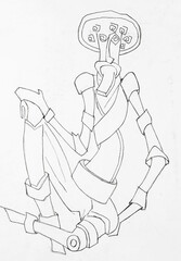 Sketch of a old sitting man, drawing by hand with black pencil on white paper.